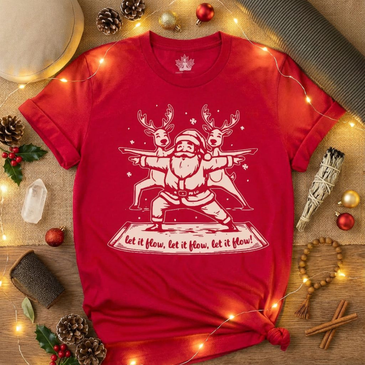 Laissez couler le Père Noël et ses rennes en posture de guerrier – T-shirt de yoga humoristique de Noël