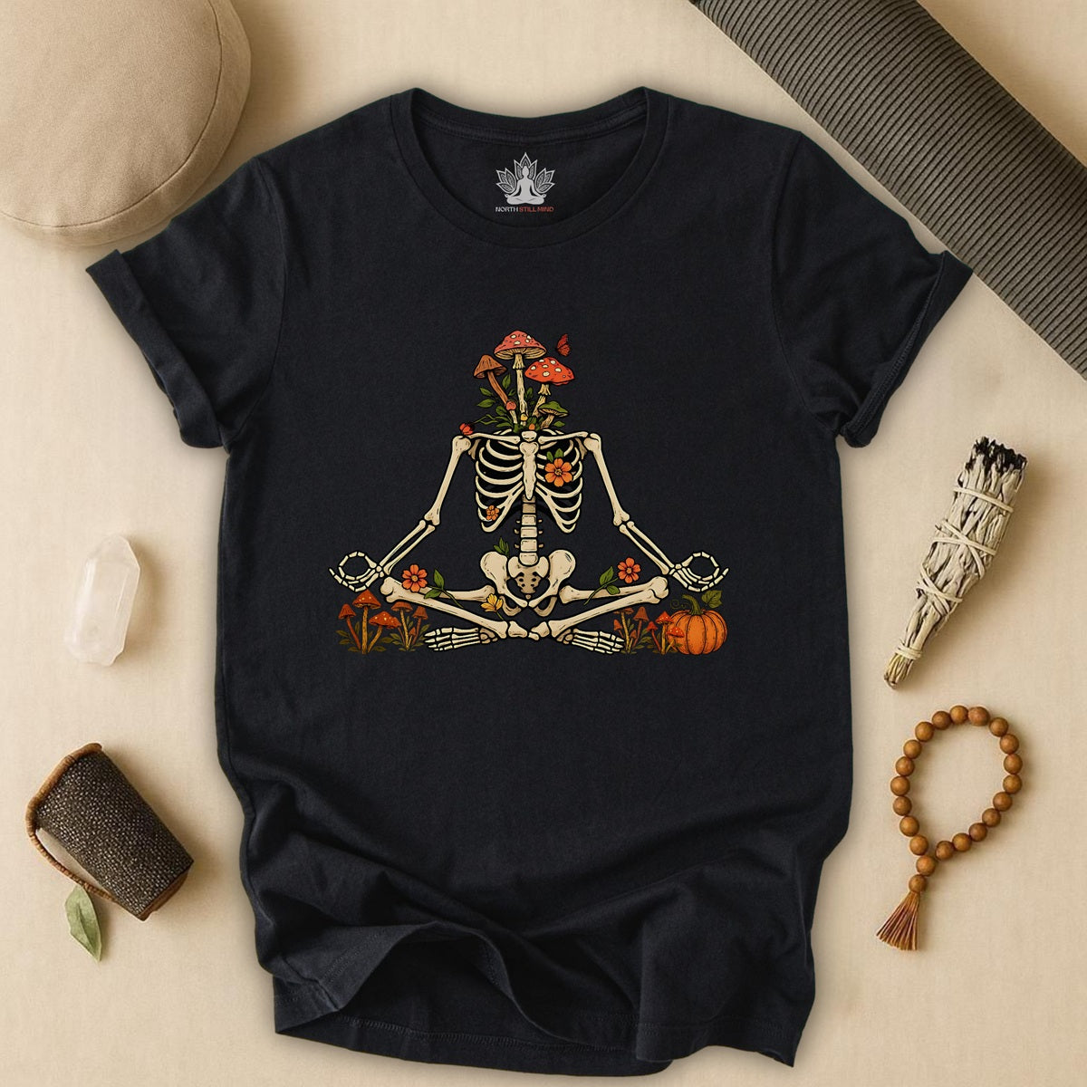Skeleton Meditation – Halloween Mushroom Tee