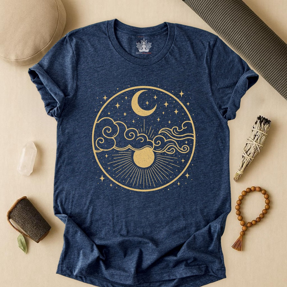 Celestial Moon and Clouds - Gold Yoga Tee