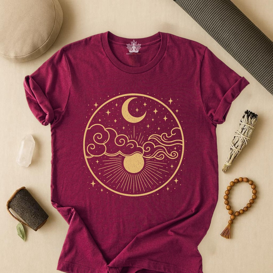 Celestial Moon and Clouds - Gold Yoga Tee