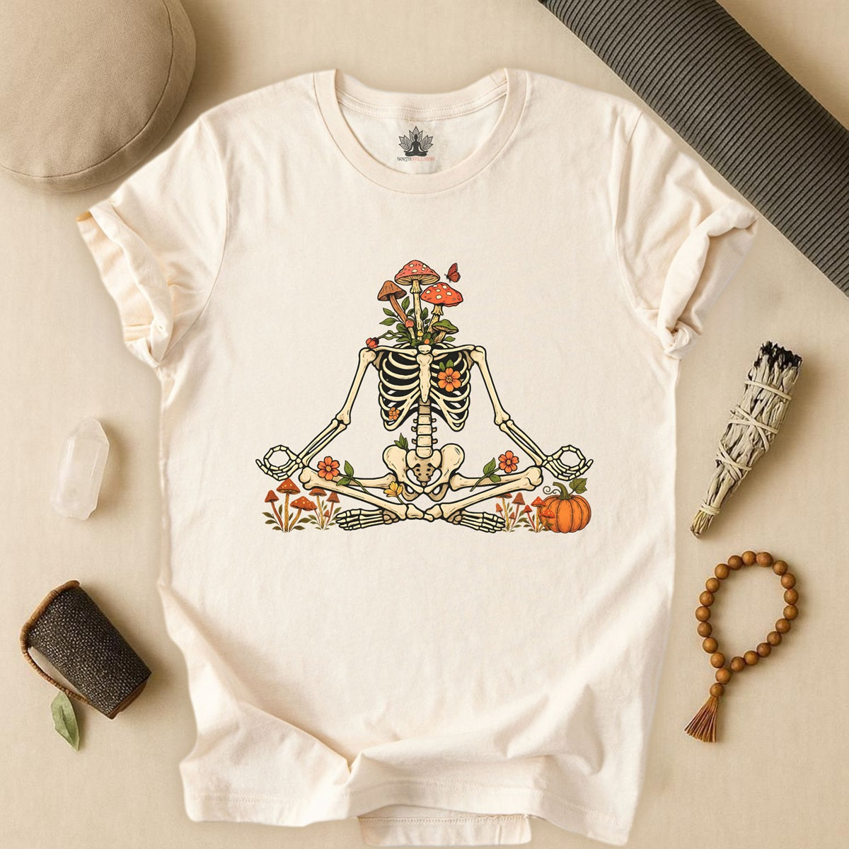 Skeleton Meditation – Halloween Mushroom Tee