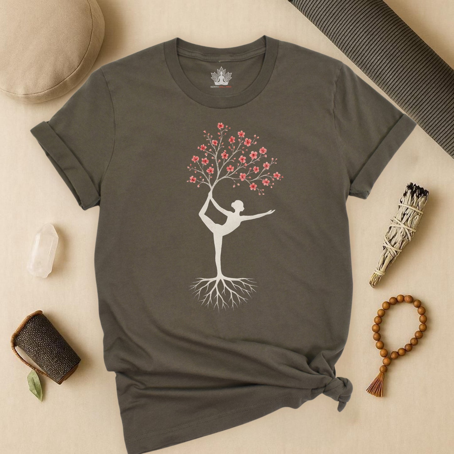Cherry Blossom Rooted – Yoga Tree Pose Tee