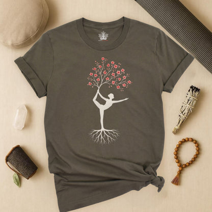 Cherry Blossom Rooted – Yoga Tree Pose Tee